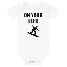 Load image into Gallery viewer, Snowboarder on your left! Baby short sleeve one piece
